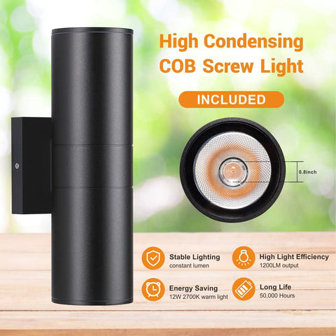 Two Pack Outdoor Wall Light With Slick Integrated LED Cylinder Up Down Lighting, 12W 2700K Warm White, Aluminum Matte Black Exterior View