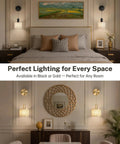 Cordless Battery Operated Wall Sconces Set Of 2 With Remote Control, Modern Black Wall Lights in bedroom and living room settings.