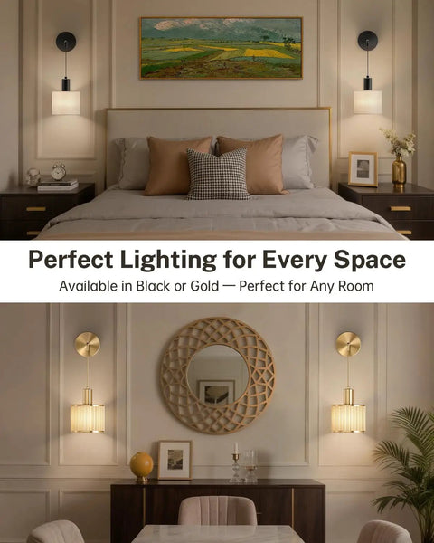 Cordless Battery Operated Wall Sconces Set Of 2 With Remote Control, Modern Black Wall Lights in bedroom and living room settings.