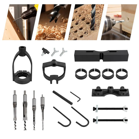 Absolute Killer Drill Press Mortising Attachment Set With Four Heavy Duty High Carbon Steel Chisels And Precision Pilot Rings parts and accessories laid out.
