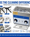 3L Ultrasonic Cleaner With Heater 40kHz Pro Jewelry Cleaner with timer control showing before and after cleaning results on glasses and rings.