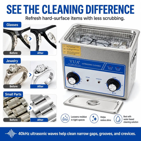 3L Ultrasonic Cleaner With Heater 40kHz Pro Jewelry Cleaner with timer control showing before and after cleaning results on glasses and rings.