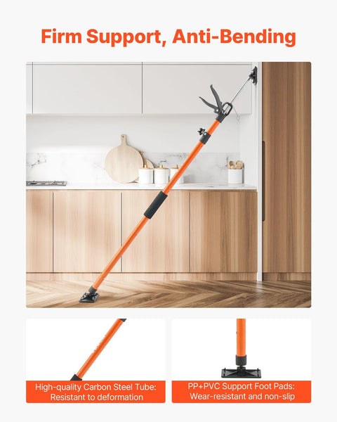 Orange steel cabinet jack support pole with adjustable telescoping rod and top clamp for cabinet installation