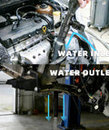 Slick Lever Action Coolant Flush Gun And Solid Heater Core Flush Kit With Universal Hose Adapters For Fast Radiator Flushing, showing water inlet and outlet during use.