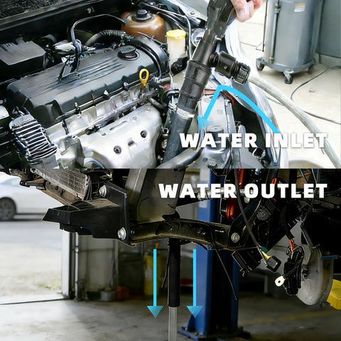 Slick Lever Action Coolant Flush Gun And Solid Heater Core Flush Kit With Universal Hose Adapters For Fast Radiator Flushing, showing water inlet and outlet during use.