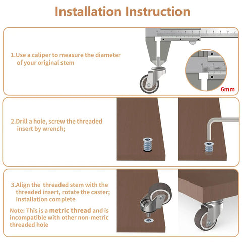 Installation instructions for 1.25 Inch Threaded Stem Casters With Smooth Swivel Wheels M6 Silent TPR Wheels for furniture setup.