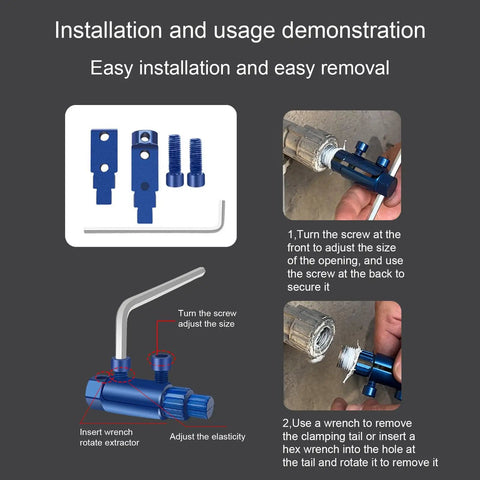 Image showing installation instructions and parts of Upgraded Adjustable Broken Bolt Extractor With Reverse Flute For Stripped Faucets And Snapped Pipe Threads Fits One Half Inch Three Quarter Inch And One Inch Pipes Hex Drive Compatible Anti Rust Coating Pro Grade DIY Friendly Plumbing Tool.