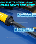 TALFIT lever-action drum pump attached to a blue 55-gallon drum; yellow handle and black coupling.