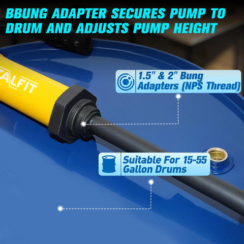 TALFIT lever-action drum pump attached to a blue 55-gallon drum; yellow handle and black coupling.
