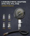 Rock Solid Gasoline Engine Compression Tester Kit With No Sweat 300 PSI features M10, M12, M14, M18 metal adapters and gauge dial.