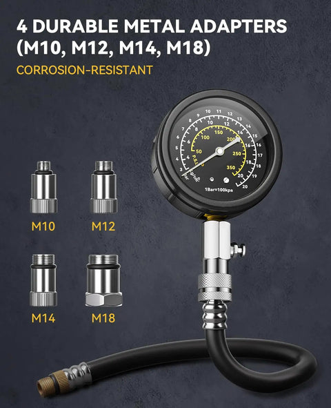 Rock Solid Gasoline Engine Compression Tester Kit With No Sweat 300 PSI features M10, M12, M14, M18 metal adapters and gauge dial.