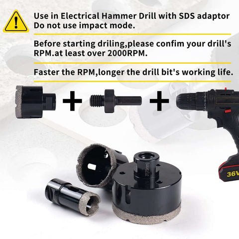13-piece diamond core drill bit set for tile and stone with SDS adapter; includes 6/8/20/35/50/75/100 mm bits, finger milling bit, and beveling chamfer bit