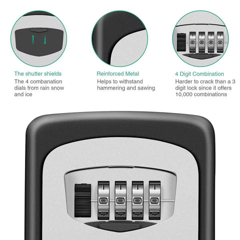 Close-up of a 4 Digit Combination Key Lock Box Wall Mount With Resettable Code And 5 Key Capacity Heavy Duty Zinc Alloy And Steel