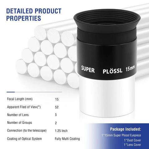 15mm Eyepiece For Telescopes With 5 Element Fully Multi Coated Optics, 52 Degree Field Of View, Classic Super Plossl Design