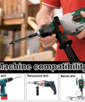 Power drill with 1/4 inch hex tile drill bit attached; green and black handheld tool; collage of three drill types
