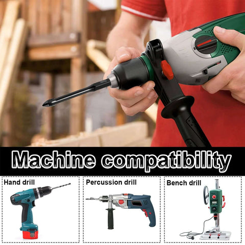Power drill with 1/4 inch hex tile drill bit attached; green and black handheld tool; collage of three drill types