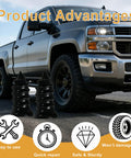64 Piece Tire Repair Kit With Four Sizes Screw In Plugs, Nitrile Gloves And Screwdriver, truck and plug illustrations