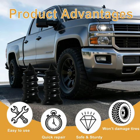 64 Piece Tire Repair Kit With Four Sizes Screw In Plugs, Nitrile Gloves And Screwdriver, truck and plug illustrations