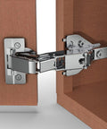 Close-up of a 2 Pack 165 Degree Concealed Lazy Susan Hinge For Face Frame Cabinets With Clip On Plate in use on wooden cabinet
