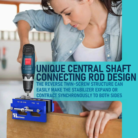 Person using Self Centering Doweling Jig Kit For Straight Holes With Six Drill Guide Bushings Pro Grade Biscuit Joiner Tool Adjustable Width Drilling Guide Durable Aircraft Grade Aluminum Easy Setup For Precise Woodworking Blue on wood surface.