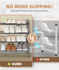 Expandable Four Tier Shoe Rack With Metal Construction Stackable And Adjustable From 17.7 To 32.3 Inches Holds Up To Sixteen Pairs Perfect For Closet Entryway Hallway Garage Front Door Black displaying shoes securely on flat shelves vs competitor's slipping rack.