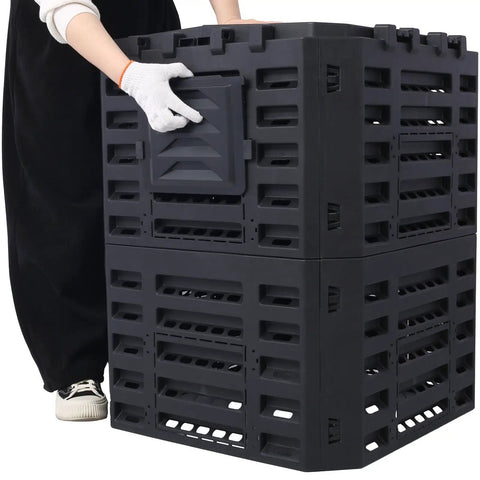 Person assembling 90 Gallon Garden Compost Bin Aerated For Fast No Fuss Easy Assembly Outdoor Composting Built From Premium Recycled Plastic 340 Liter.