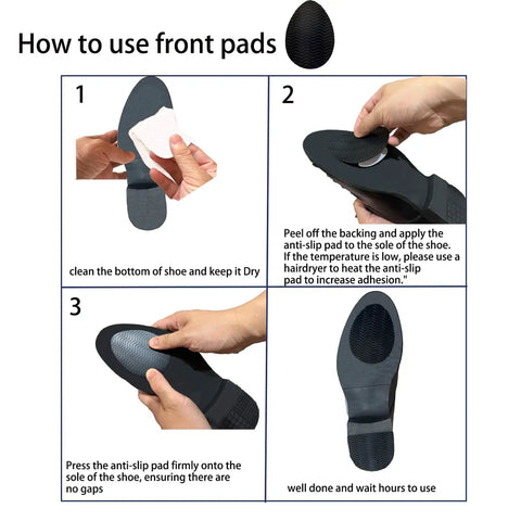 Steps showing how to apply Non Slip Shoe Pads With Strong Adhesive Grips For Heels Silicone Sole Protectors