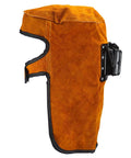Side view of leather welding hood with flip open lens, cowhide material, protective mask for grinding debris sparks and heat resistant