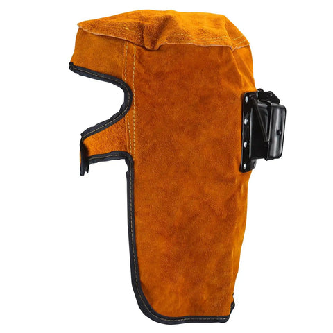 Side view of leather welding hood with flip open lens, cowhide material, protective mask for grinding debris sparks and heat resistant