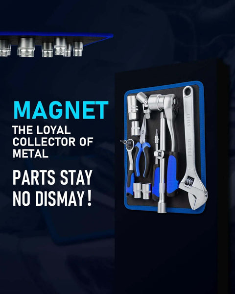 Magnetic Tool Mat Set With Four Magnetic Pads, 40 Pound Capacity, Telescoping Magnetic Pickup Tool And 360 Degree Inspection Mirror, organizer with tools visible