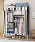 Top Shelf Heavy Duty Portable Canvas Wardrobe With Built Tough Steel Frame And Zero Hassle Hanging Rail For Straight Up Solid Bedroom Closet Storage And Super Simple Setup with clothes and shoes visible.