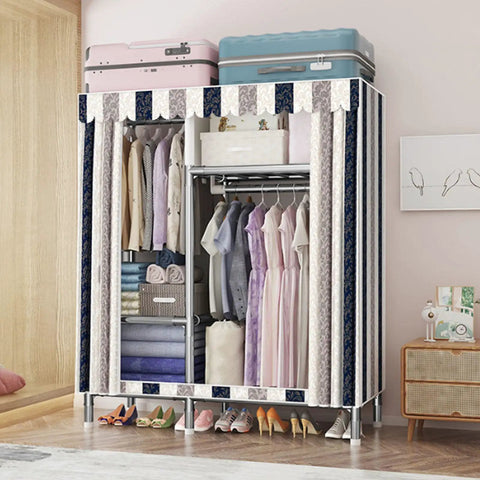 Top Shelf Heavy Duty Portable Canvas Wardrobe With Built Tough Steel Frame And Zero Hassle Hanging Rail For Straight Up Solid Bedroom Closet Storage And Super Simple Setup with clothes and shoes visible.