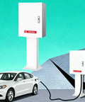 Built Like A Tank Electric Vehicle Charger Lock Box With Sturdy Support Post, white steel enclosure mounted beside car.