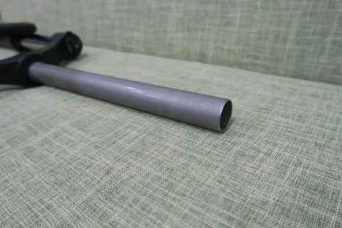 Close-up of 20 Inch Fat Bike Fork With 4.0 Inch Tire Spread Suspension, aluminum alloy steerer tube, focus on 1-1/8 inch headset.