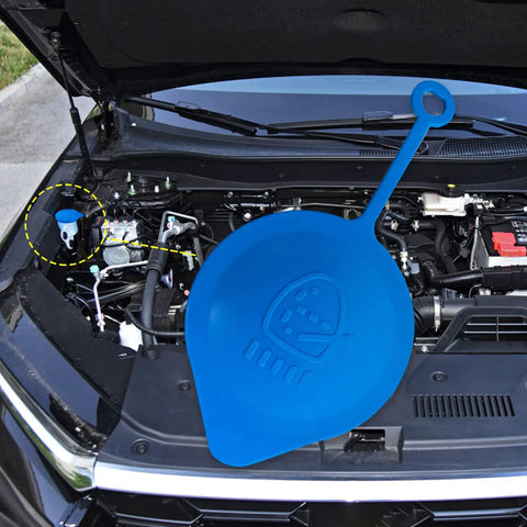 Replacement Windshield Washer Fluid Cap Ring Lid For Honda Accord Civic CRV CRX Blue Fits 5.9cm Diameter 11.7cm Total Length Easy Swap Wiper Fluid Cap Replacement shown next to engine bay.