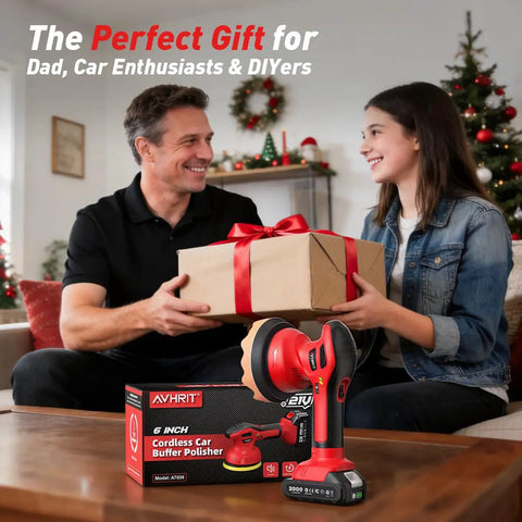 Cordless Car Buffer Polisher Kit With 2x2000mAh 21V Batteries in holiday gift setting, with two people exchanging gifts.