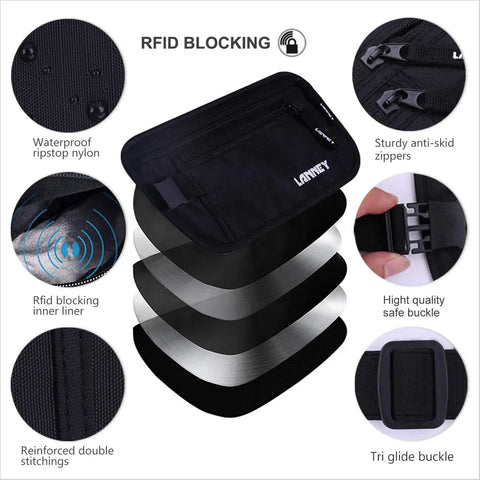 Travel Money Belt With RFID Blocking Slim Hidden Pouch Under Your Clothes For Passport Cash Cards And Documents Black Includes Bonus Two RFID Sleeves For Women And Men Travel Friendly Everyday Carry, showing layers and zippers.