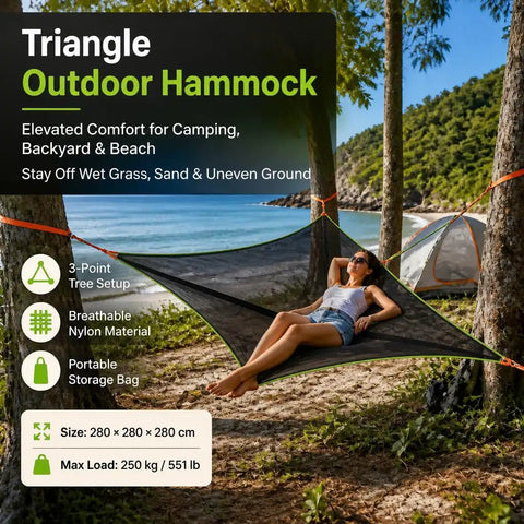 Outdoor Triangular Hammock With Mesh Nylon, Portable 3 Point Design for Camping and Backyard Lounging setup in trees by beach
