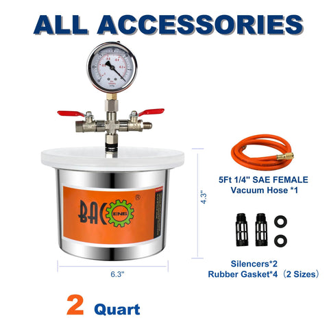 Front view of BACOENG 2-Quart stainless steel vacuum chamber with gauge and red valve handles; includes hose.