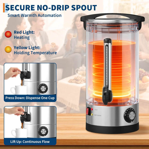 Commercial Grade 60 Cup Coffee Urn And Hot Beverage Dispenser showcases secure no-drip spout and smart warmth automation features.