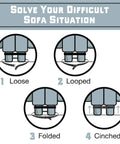 Heavy Duty Couch Connectors For Sliding Sectional Sofas 4 Pack shown in 4 step diagrams demonstrating use and cinching method.