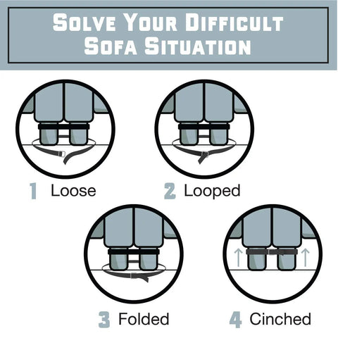 Heavy Duty Couch Connectors For Sliding Sectional Sofas 4 Pack shown in 4 step diagrams demonstrating use and cinching method.