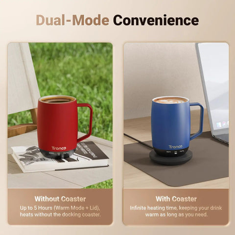 No App Hassle Self Heating Coffee Mug With Precise Temperature Control, 14 Oz Travel Cup triple heat settings, red and blue finish.