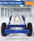 Heavy Duty Drywall Cart And 550 Pound Panel Dolly Equipped With Smooth Rolling Pneumatic Wheels showing adjustable clamp system for various sheet sizes.