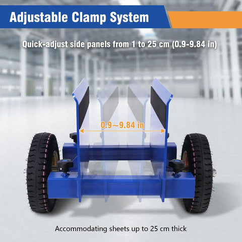 Heavy Duty Drywall Cart And 550 Pound Panel Dolly Equipped With Smooth Rolling Pneumatic Wheels showing adjustable clamp system for various sheet sizes.