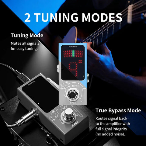 Ultra Compact Tuner Pedal With Pitch LED Indicator For Electric Guitar And Bass next to guitarist, showing tuning modes on blue stage.