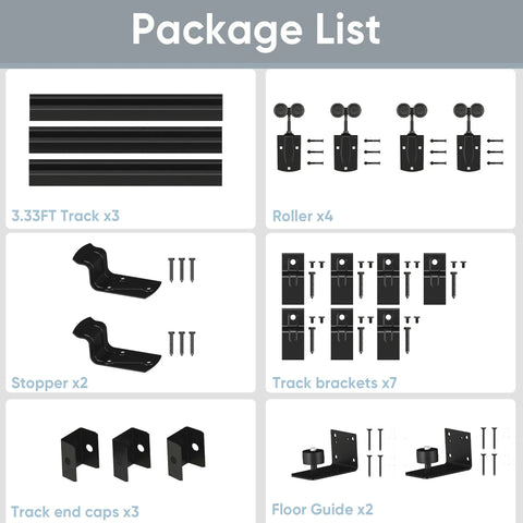 Components of 10 Foot Box Rail Exterior Barn Door Hardware Kit for Two Doors System, showing tracks, rollers, stoppers, brackets.