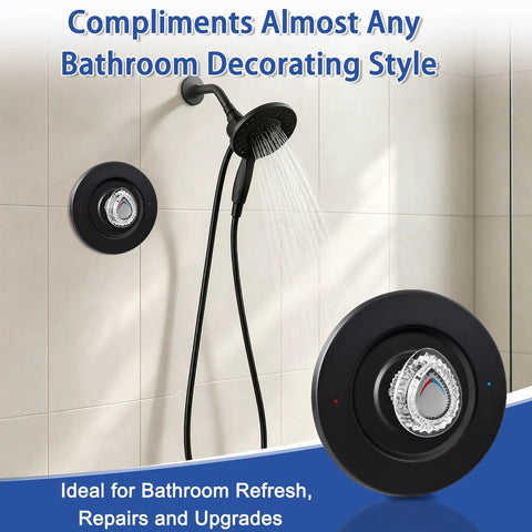 Upgrade Your Drip-Free Bath With This Sleek Matte Black Shower Trim Kit Made For Moen Chateau T470 Single Handle Faucets For A Fresh New Look That Totally Slays In Any Home. matte black shower trim kit with round knob and showerhead on tile wall
