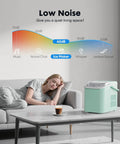 Countertop Ice Maker With Scoop, Basket And Handle, Portable Ice Machine That Cranks Out 9 Bullet Ice Cubes In Just 6 Minutes, Delivers Up To 26.5 Lbs Per Day, Two Ice Sizes For Home, Kitchen, Office Or Bar, Green; shown on a table with a person relaxing nearby for noise comparison
