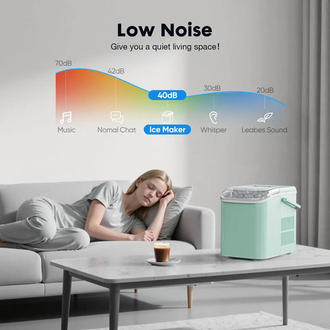 Countertop Ice Maker With Scoop, Basket And Handle, Portable Ice Machine That Cranks Out 9 Bullet Ice Cubes In Just 6 Minutes, Delivers Up To 26.5 Lbs Per Day, Two Ice Sizes For Home, Kitchen, Office Or Bar, Green; shown on a table with a person relaxing nearby for noise comparison